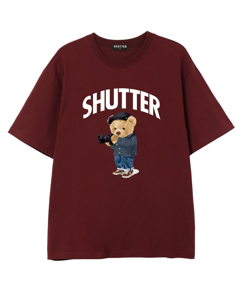 SHIRTER Camera Bear Short Sleeve T-Shirt (Ss035) Burgundy (B Type)