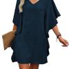 Summer Linen V Neck Flare Sleeve Mini Dress Casual Loose Ruffle Hem Shift Dress