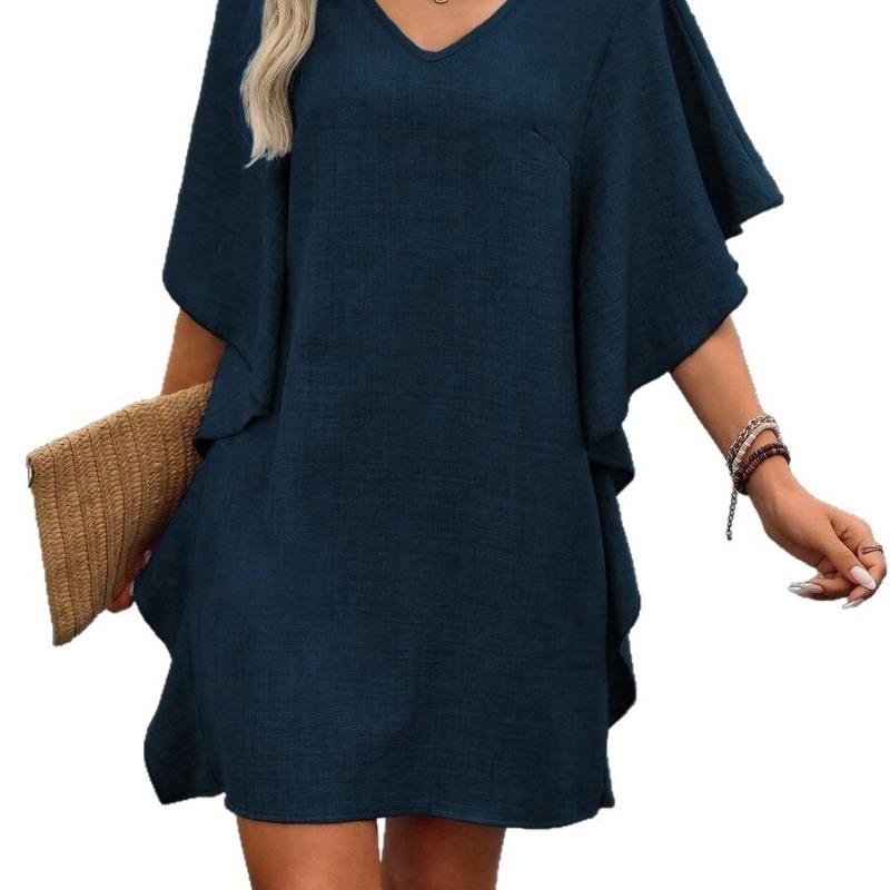 Summer Linen V Neck Flare Sleeve Mini Dress Casual Loose Ruffle Hem Shift Dress