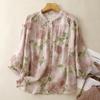 Women Floral Print Stand Collar Three Quarter Sleeve Linen Blend Button Down Blouse