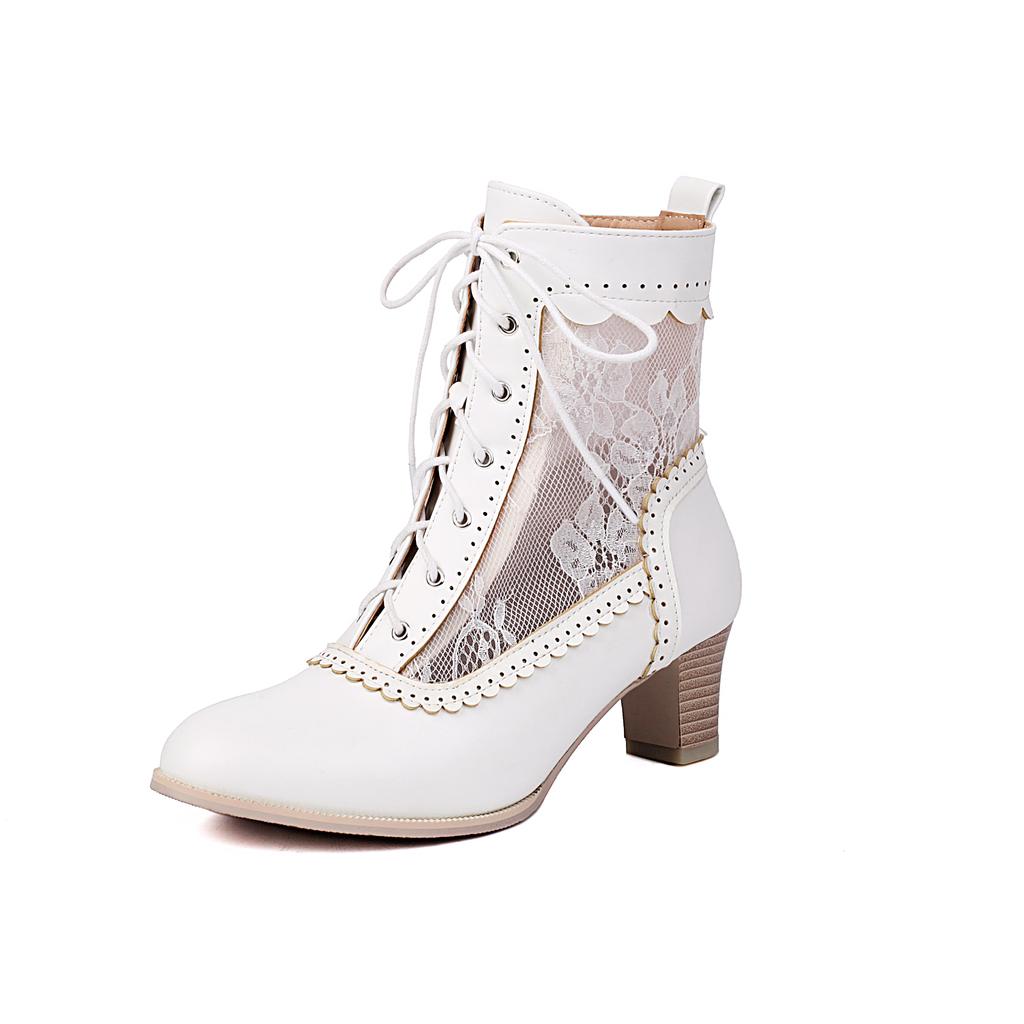 Women Mesh Boots Female Summer 2025 Leather Chunky Med Heels Shoes Size 48 Laciness Bandage Decor