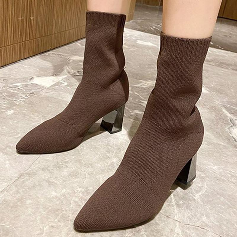 Fashion Fashion Pointed Toe High Heels Boots Women Breathable Mesh Socks Boots for Woman Autumn Winter Soft Solid Color Botas Ladies