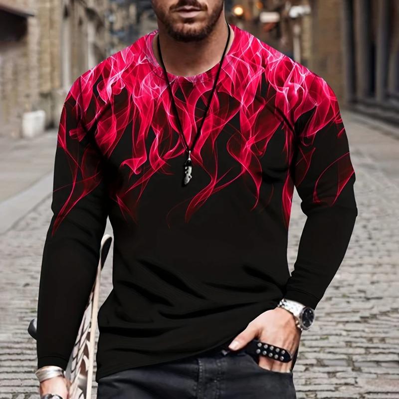 Fall 3D Flame Printing Men's Round Neck Long Sleeve Pullover Fashion Loose T Shirt Retro Street Long Sleeve Round Neck T Shirt