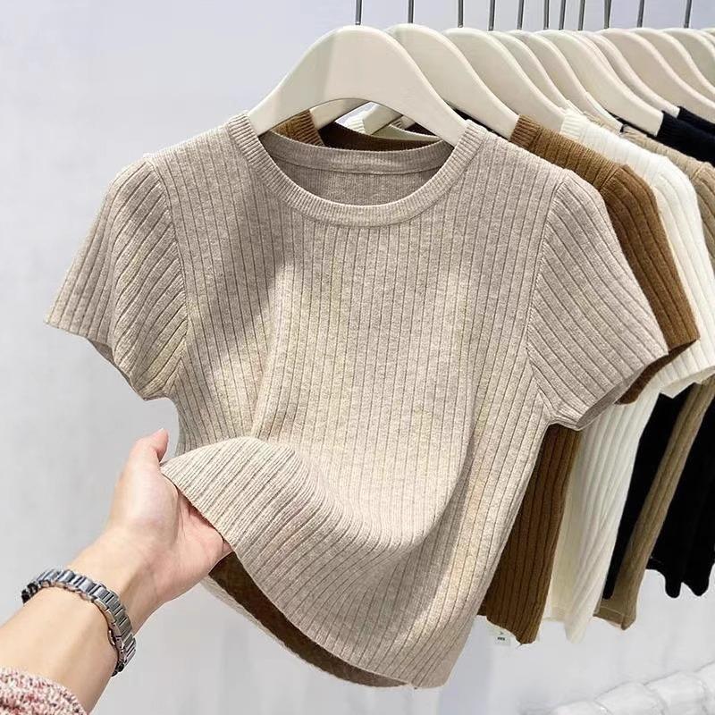 

Womens Ribbed Knit Top Casual Crew Neck Short Sleeve Form Fitting Cropped Blouse onesize