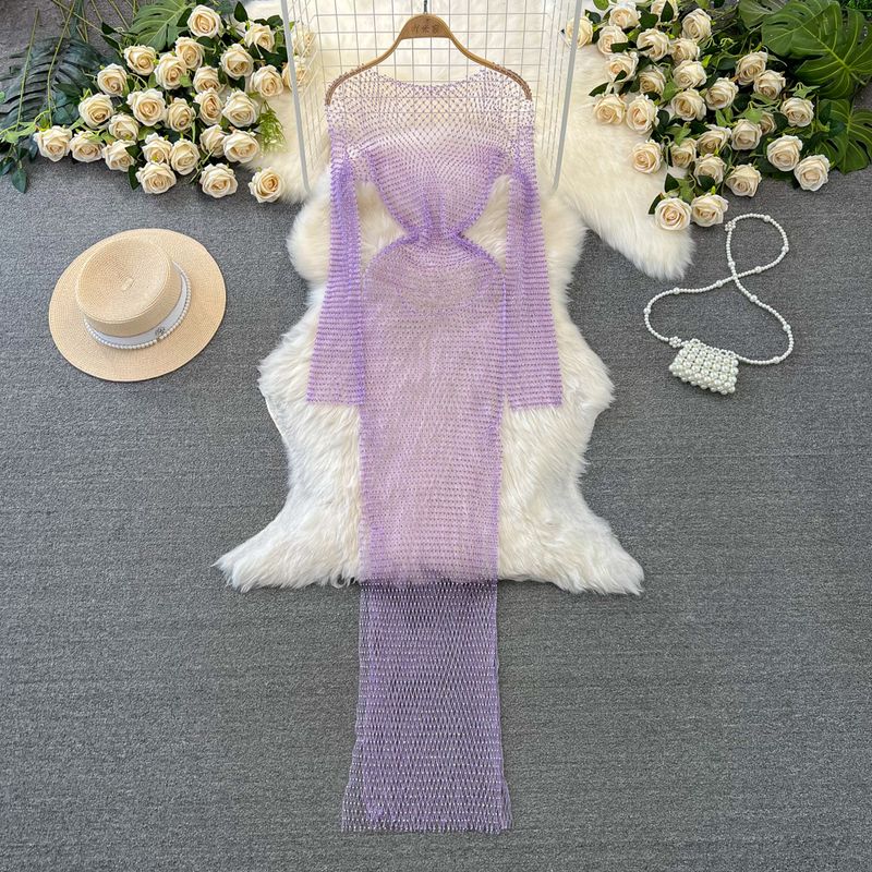 

Fashion Ladies Long Sleeves Hollow Jeweled Dress Mesh Purple One size