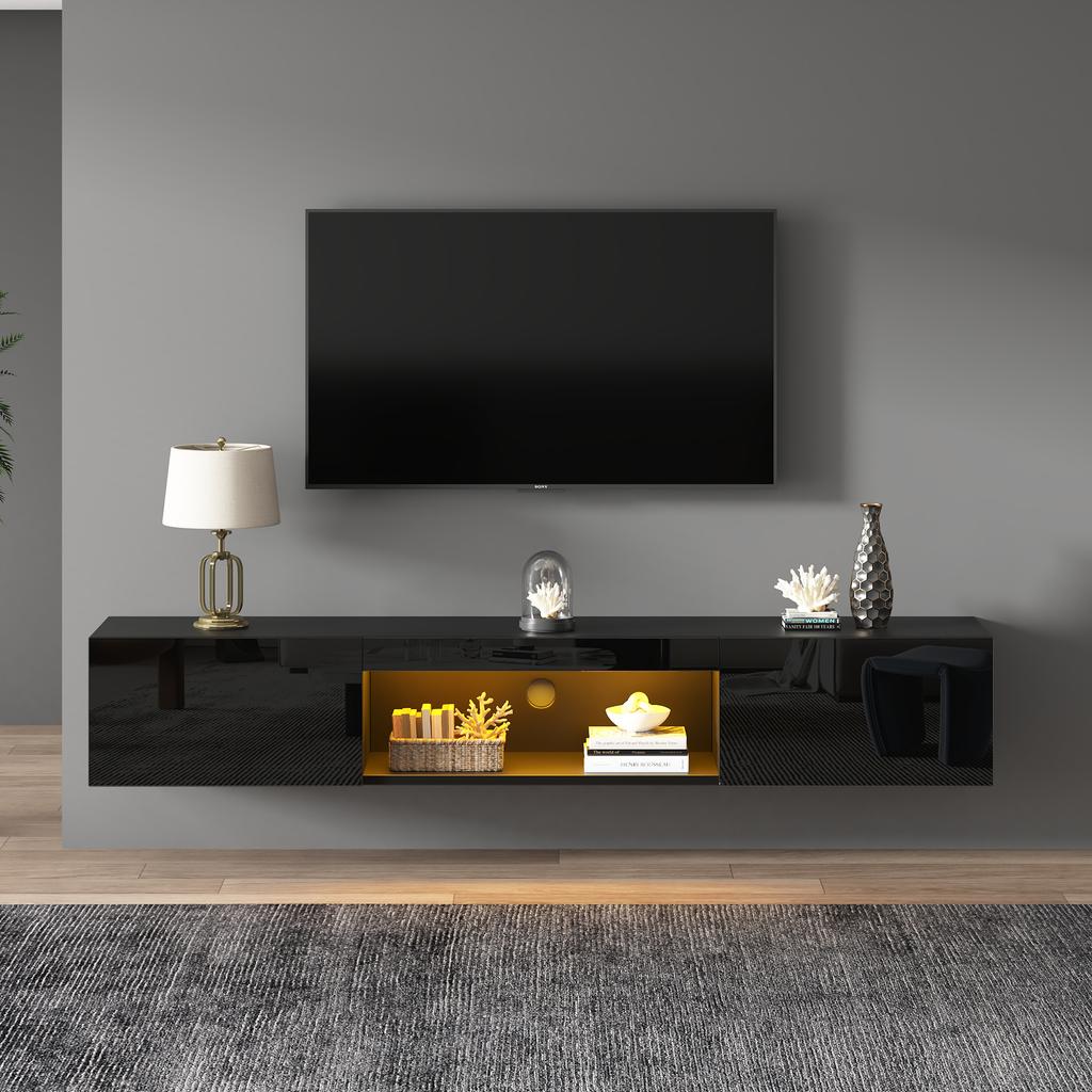 160*31*22cm Hochglanz Wandhängeschrank, TV-Ständer und TV-Schrank mit LED-Beleuchtung, Lowboard, für 70-Zoll-Fernseher, 35kg Tragkraft, Schwarz