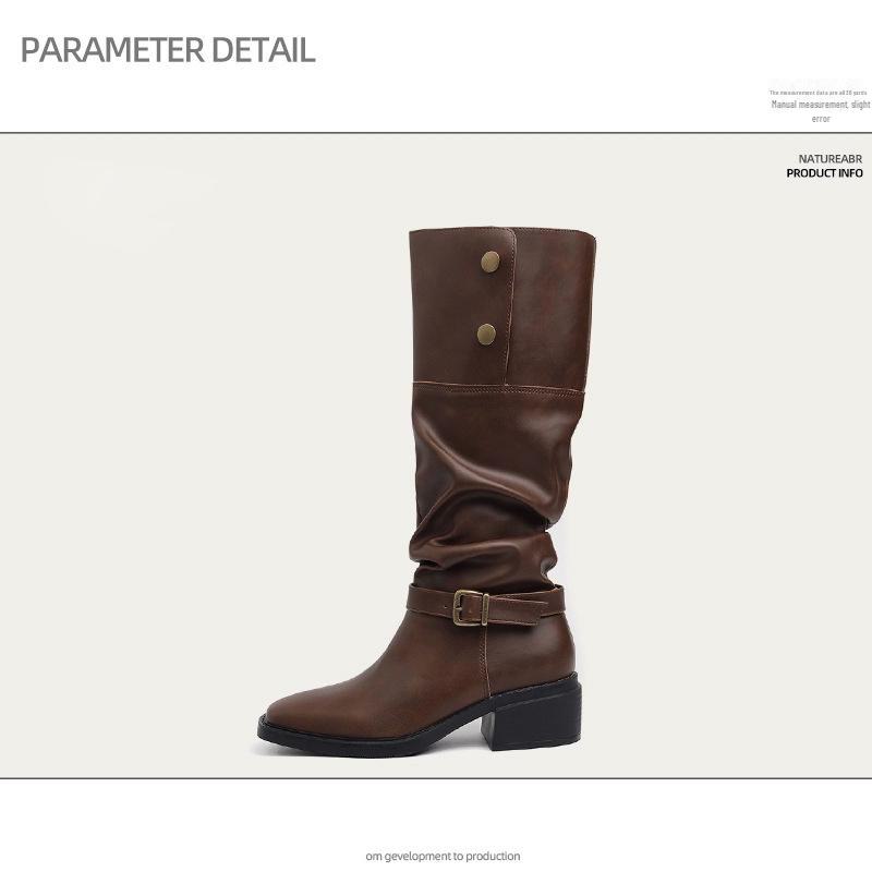 Women's Cowhide Retro Thick-Soled Over-the-Knee Western Boots with Two-Way Belt Buckle and Stacked Heels