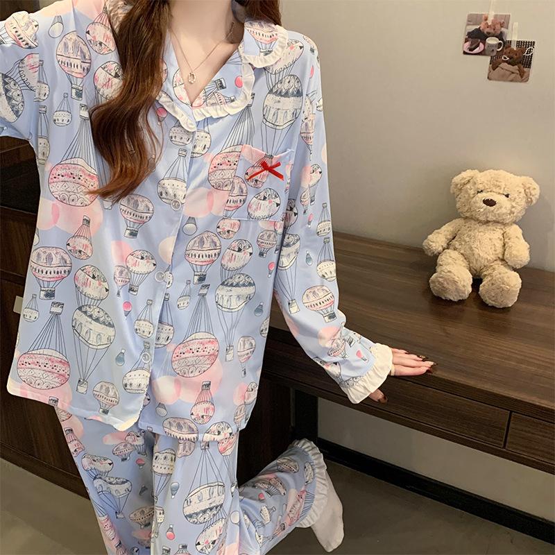 Hot Air Balloon White Pajamas Women Can Wear Thin Imitation Cotton Loungewear Long-sleeved Two-piece Set In Spring