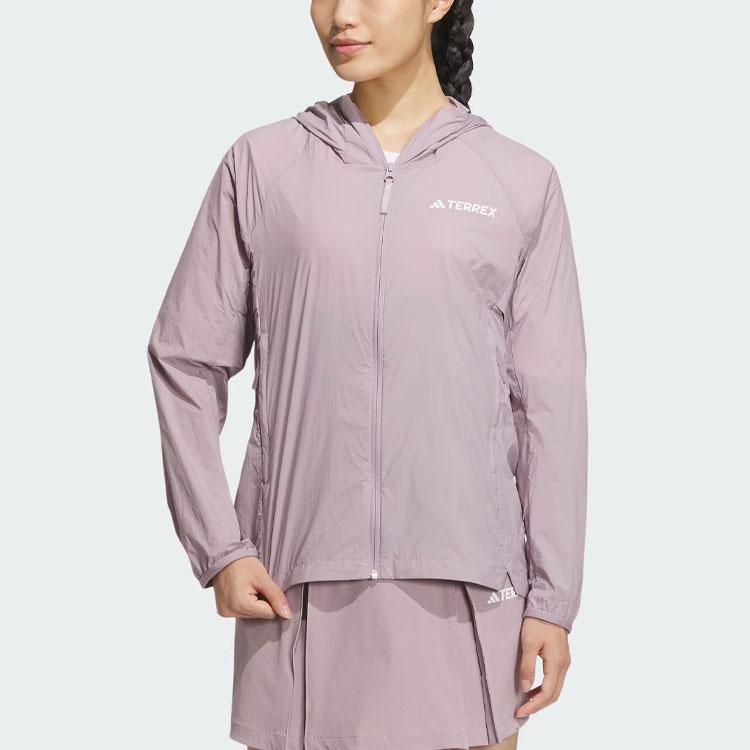 Adidas Lightweight Windbreaker Solid Color Logo Outdoor UPF50+ Sports Hooded Sun Protection Jacket Women Jacket Purple Pink IS0277