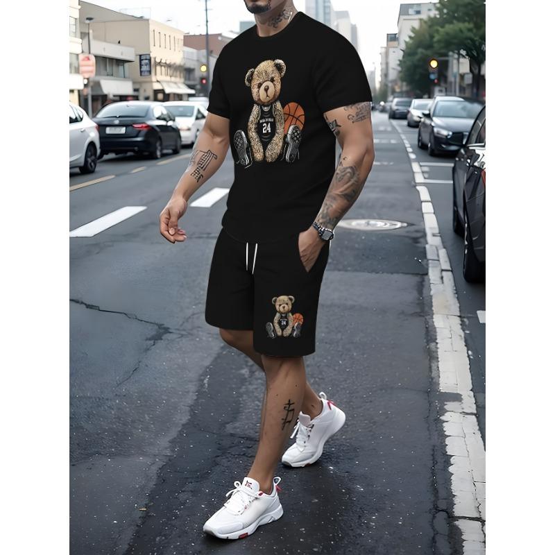 

Мужская новинка, повседневный комплект из полиэстеровой футболки и шорт с принтом медведя, слегка эластичный трикотаж, обычная летняя мода XXL
