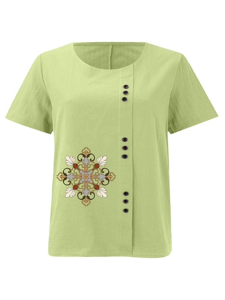 

Women s Fashion Symmetric Lace Print Round Neck Short Sleeve T-shirt Casual Cotton Linen Graphic Shirt Leisure Loose Summer Blouse Tops 5XL зелений