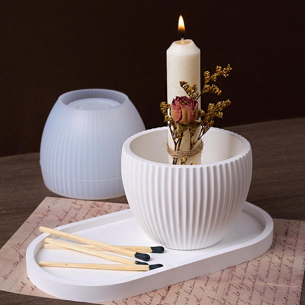 Round Stripe Candle Cup Silicone Mold DIY Candlestick Concrete Casting Molds Plaster Resin Flowerpot Craft Making Home Decor