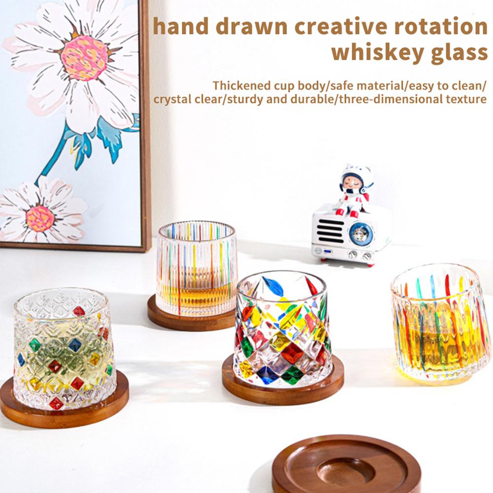 275ml Rotating Whisky Glass Beer Scotch Bourbon Crystal Tumbler with Coaster Color Crystal Glass Cup Thick Glass Gift Hand Paint