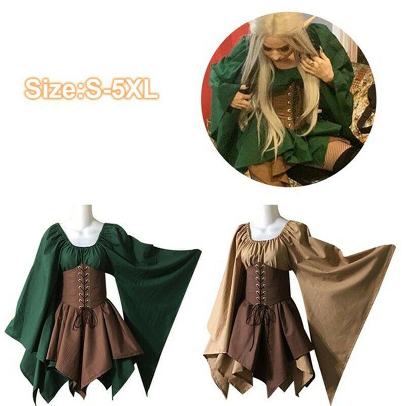 Women Medieval Woodland Elf Fairy Dress Corset Set Top Skirts Halloween Costume