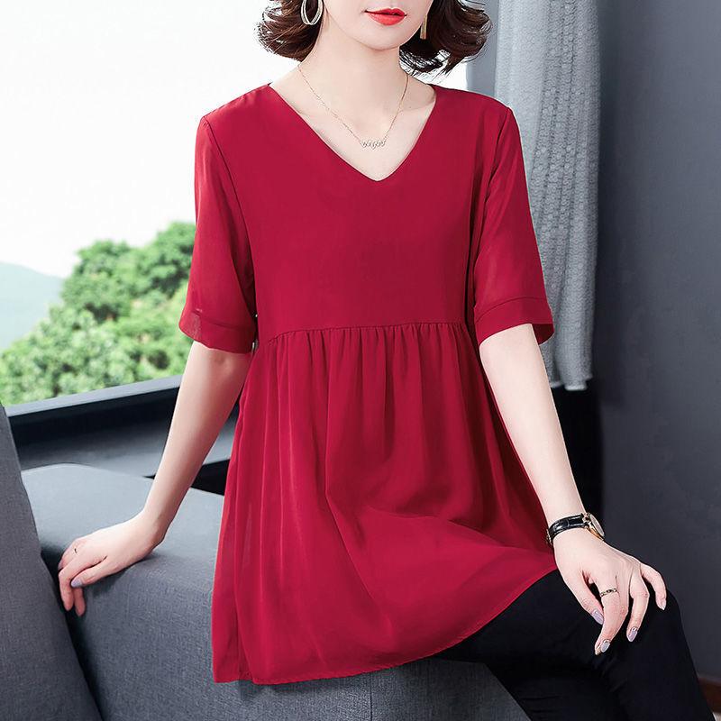 Fashion Commute Solid Midi Shirt Women's All-match Patchwork Summer Short Sleeve Elegant V-Neck Chiffon Blouse