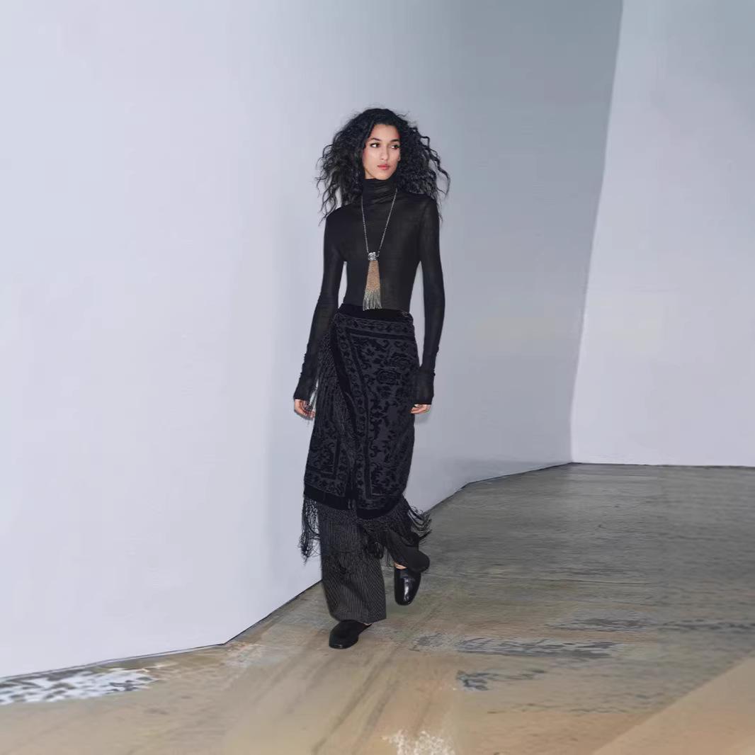 Весна 2026 Ретро Этническая Бархатная Юбка с Кисточками Средней Посадки для Женщин Medium чёрный