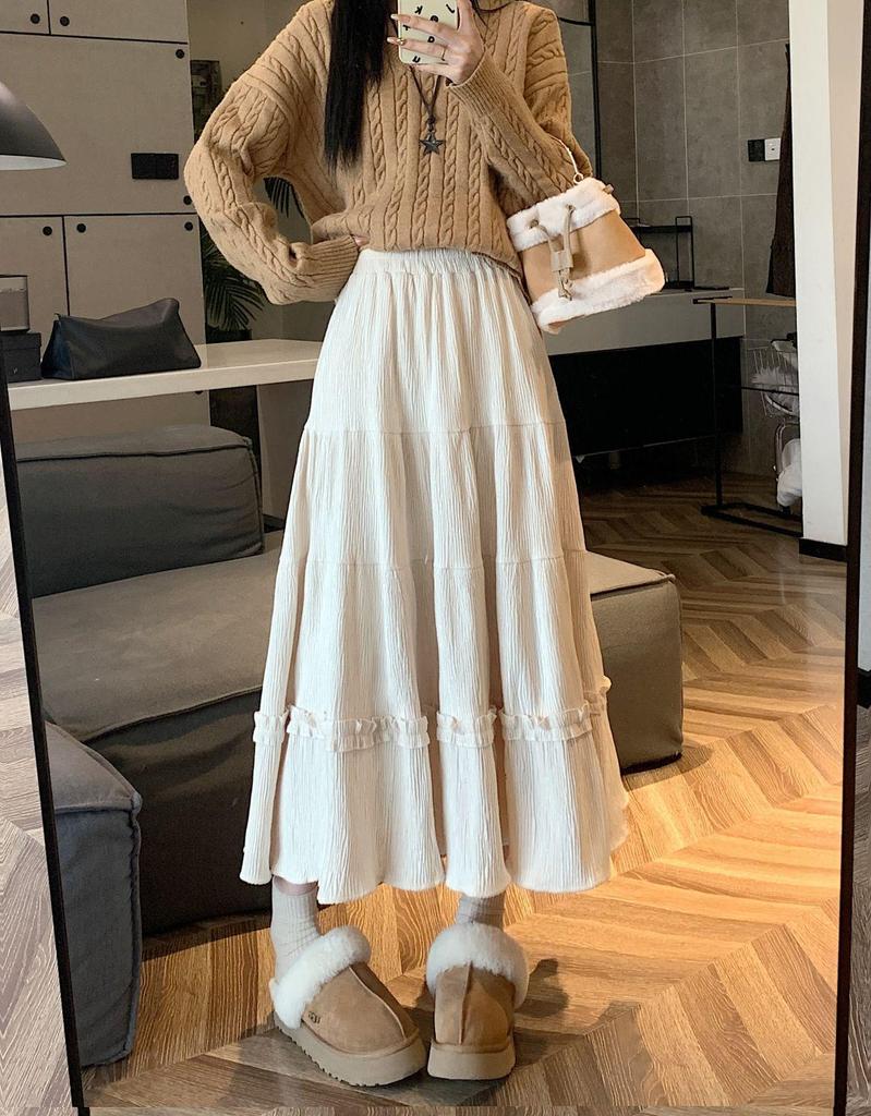 Women's High Waist Corduroy A-Line Mid-Length Skirt with Lace - Autumn/Winter 2025