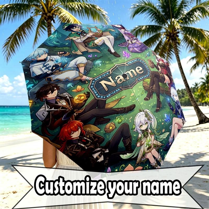 Custom Name Personalized Genshin Impact Print Umbrella, Auto Open Close, 8‑Rib Sturdy Frame, Commute Camping Hiking Use, Birthday Gift