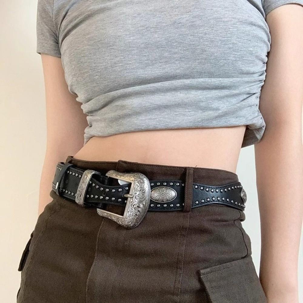 Y2K Black Belt Waist Seal American Style Leather Wide Belt New Rivet Belt Gifts