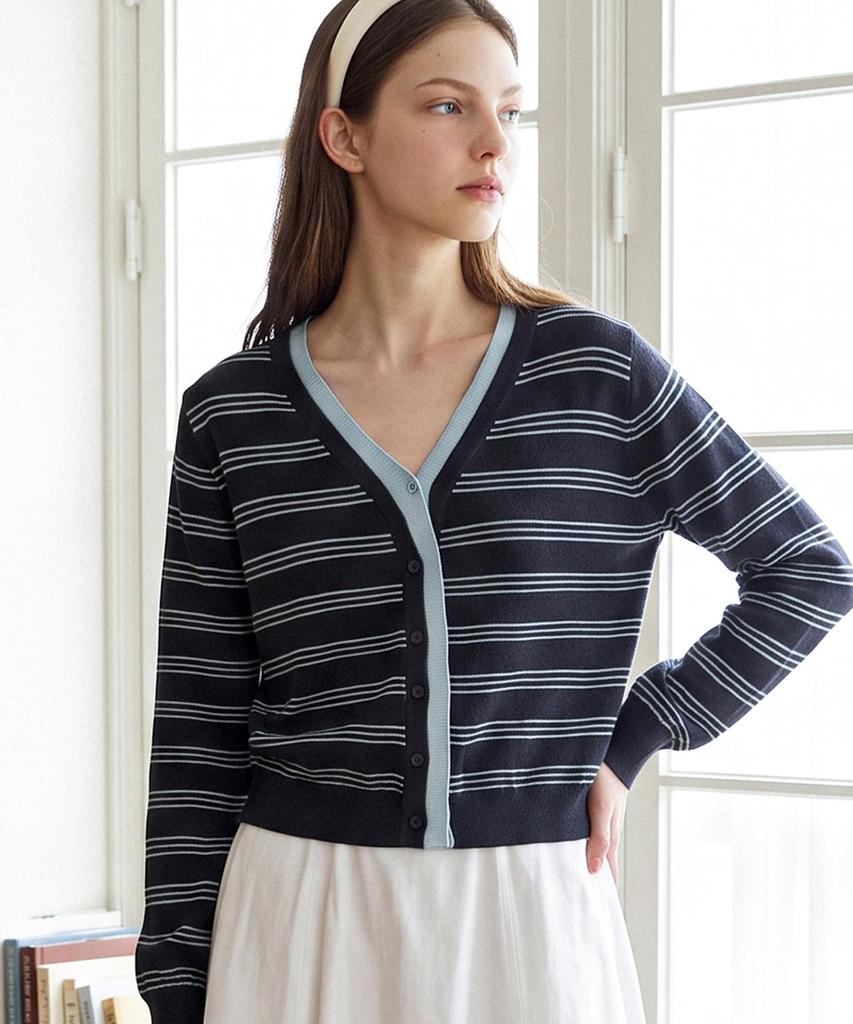 FOREVER21 Striped V-Neck Button Long Sleeve Knit (Ftdcnt008)