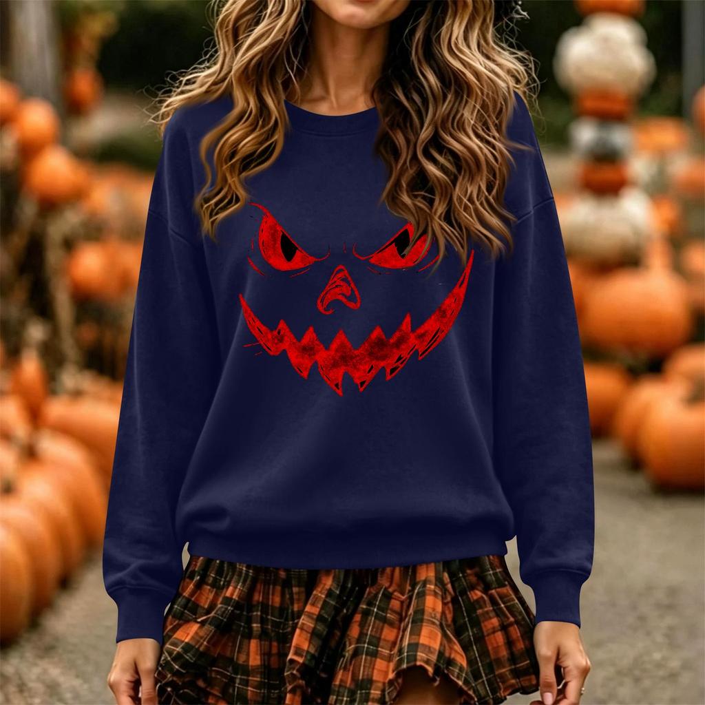 Women's Fashion Casual Long Sleeve Halloween Print Neck Pullover Sweatshirt