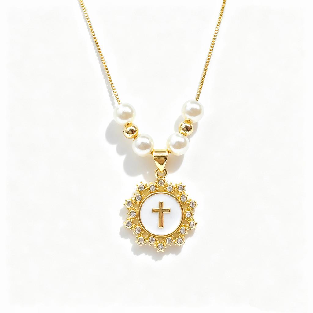 White Black Red Enamel Art Cross Zirconia Pendant Necklace: New Fashion for Women Party Pearl Chain Choker Religious Prayer Gift