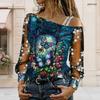 Plus Size Women Diagonal Shoulder Long Sleeve Top Boho Tropical Blossom Print Mesh Lace Splicing Blouse