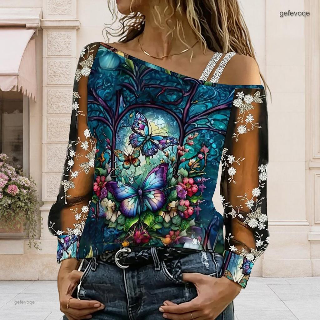 Plus Size Women Diagonal Shoulder Long Sleeve Top Boho Tropical Blossom Print Mesh Lace Splicing Blouse