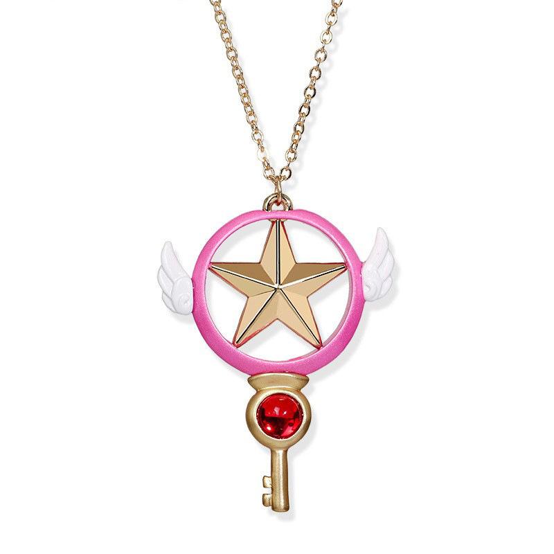 Sakura Pentagram Star Key Magic Staff Necklace Octagram Pendant Wings