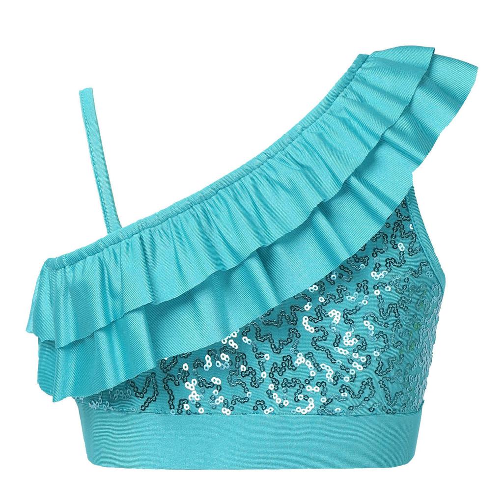 Girls Asymmetrical Shoulder Sequin Crop Top Satin Bloomers Pants Belly Dance Outfit