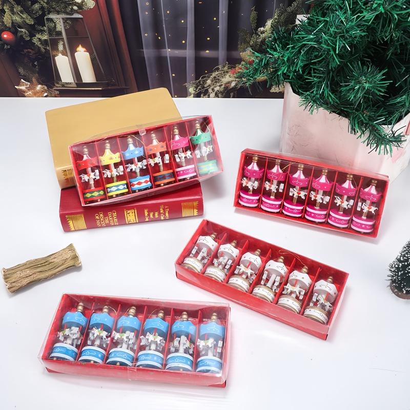 6PCS Christmas Wooden Carousel Horse Miniature Ornaments Christmas Tree Hanging Pendants New Year Gift Toy Kid Home Party Decor