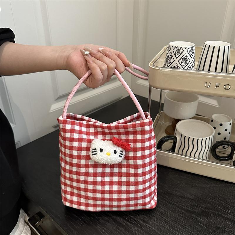 Plaid new cartoon cute shoulder bag female college students class shopping casual Hello Kitty versatile