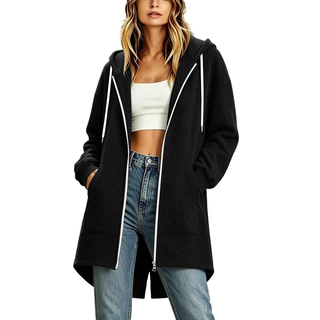 Women's Long Zip Up Hoodie Jacket Loose Fit Casual Outerwear with Pockets Lightweight Hooded Coat for Everyday Wear