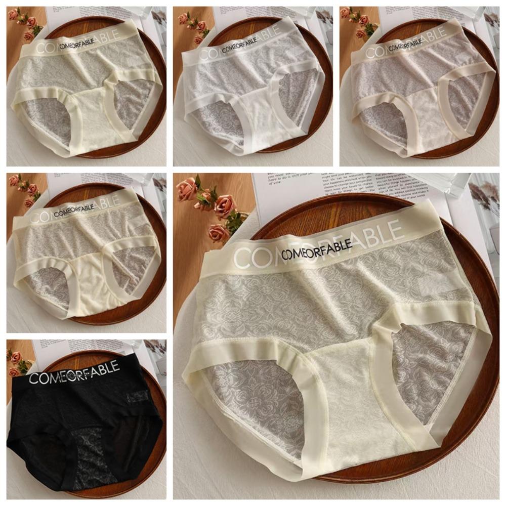 

4Pcs Mid Waist Mesh Seamless Panties Transparent Underwear for Women Lace Flower Briefs Lady XL-4Pcs Random
