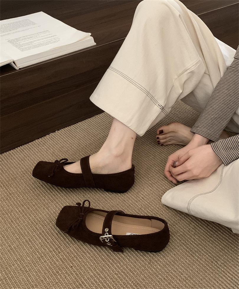 Internet celebrity square head women's shoes autumn new flat bow single shoes ballet silver belt buckle Mary Jane shoes