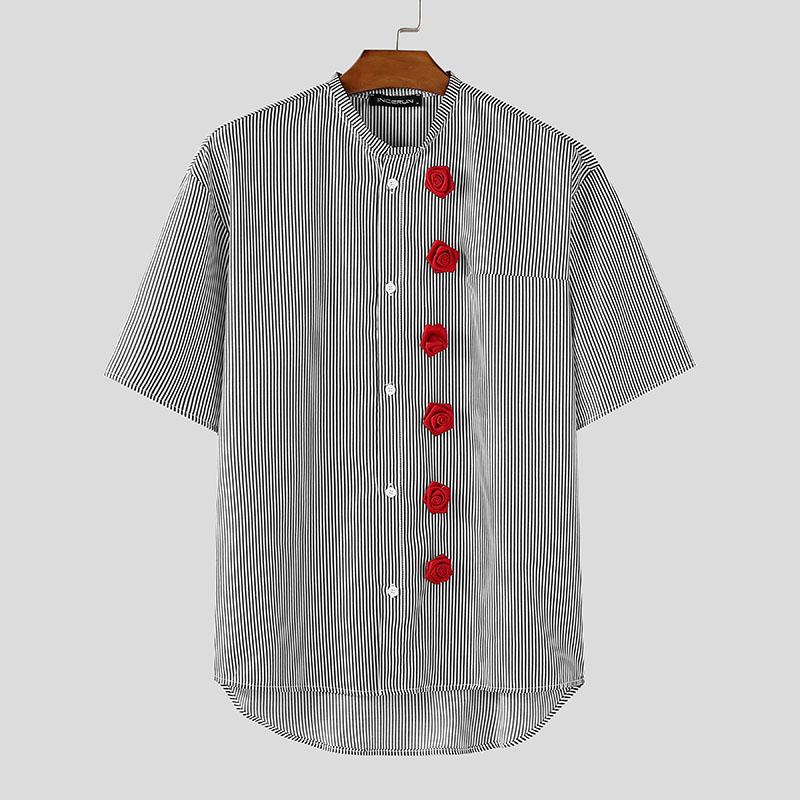 

INCERUN Summer Men Collarless Short Sleeve Striped Floral Casual Irregular Shirts 4XL чорний