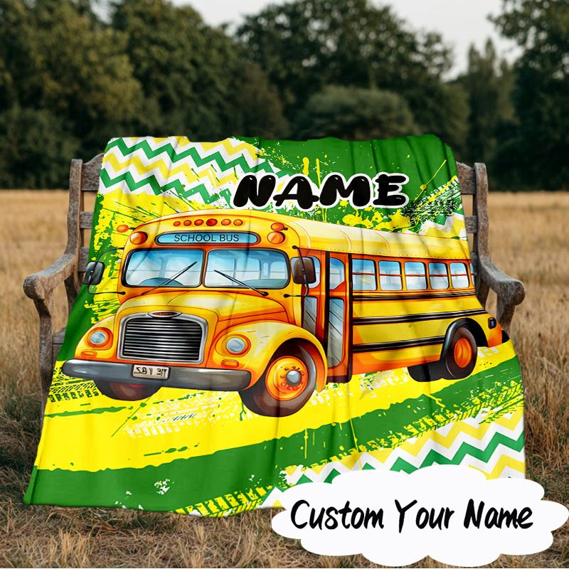 Custom Name School Bus Adventure Blanket Ideal Bedding Blanket Perfect for Travel, Camping, Living Rooms, Offices, Sofas, Fan Christmas Gift