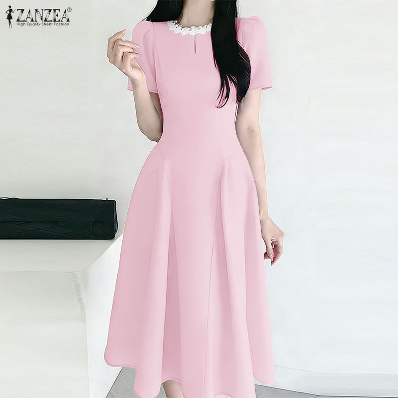 ZANZEA Women Splice Round Neck Summer Casual Short Sleeve Dress