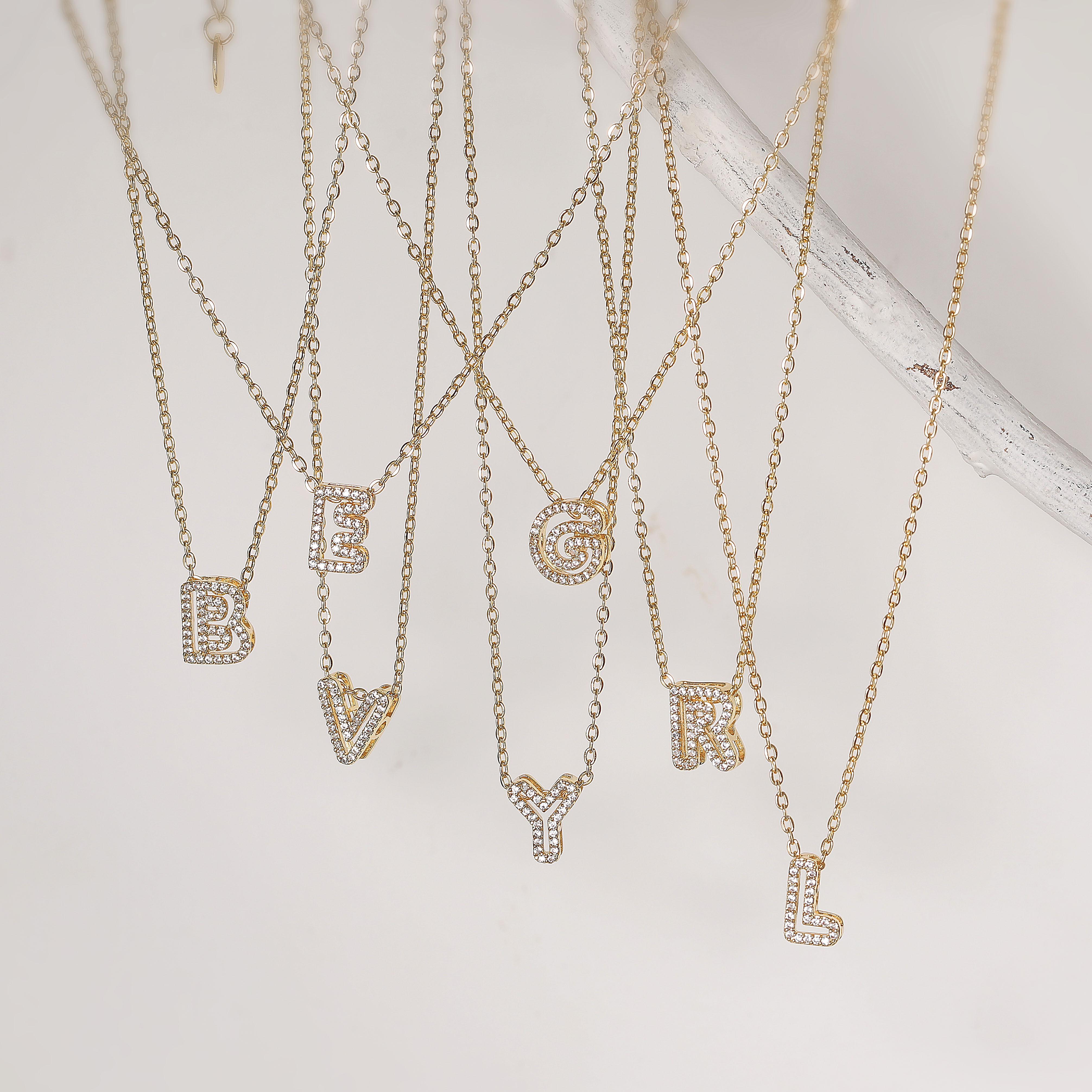 HECHENG,Gold-plated Metal Openwork Beaded Necklace with A-Z Letter Pendant Suitable for Men and Women Unisex Fashion Jewellery A40cm