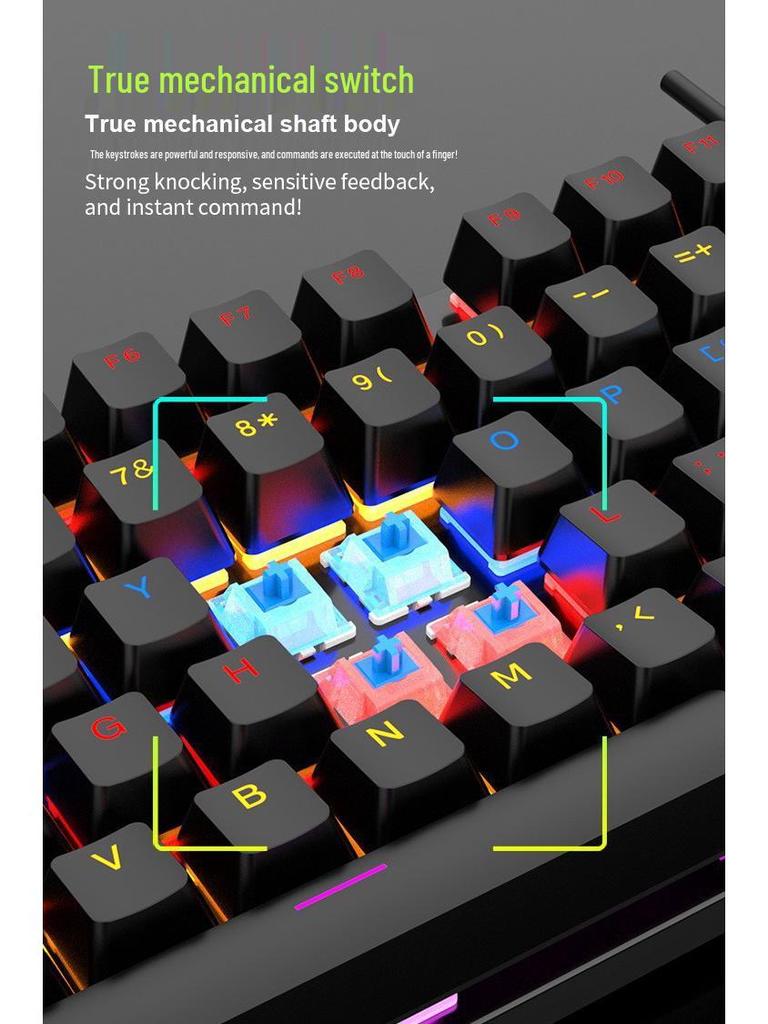 K104 Mechanical Keyboard, Blue Switch, 7-Color Lighting, 26-Key Anti-Ghosting for Office and Gaming.