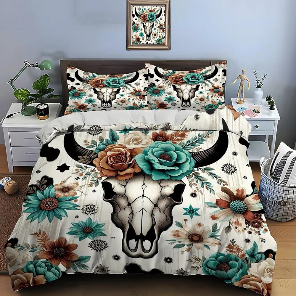 Native American Cattle Skull Art Print Bedding Set Duvet Cover 1 Duvet Cover 2 Pillowcases Adult and Kids Bedding Set Luxury