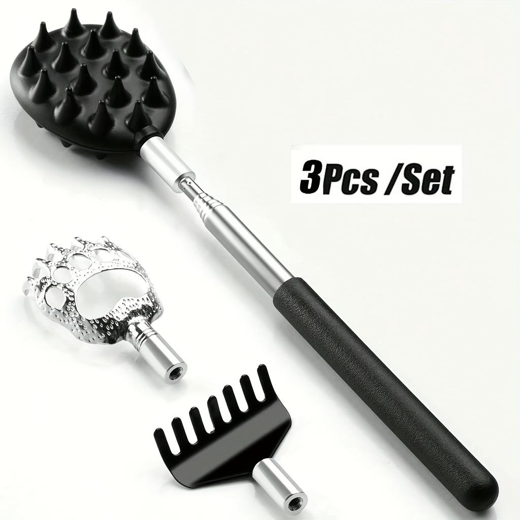 3 Detachable Scratching Heads Back Scratcher: Dual Sides, Telescoping, Adjustable, Metal Construction