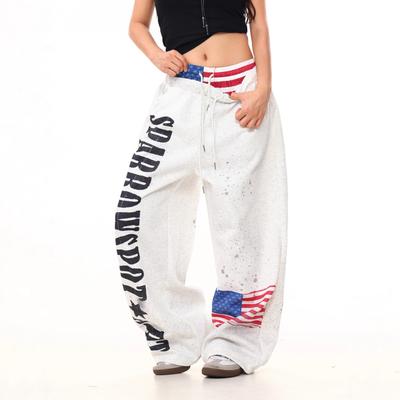 JYL Flag-letter Drawstring Sweatpants,Loose Curved Dance Trousers For Autumn Street Hip Hop Dancers