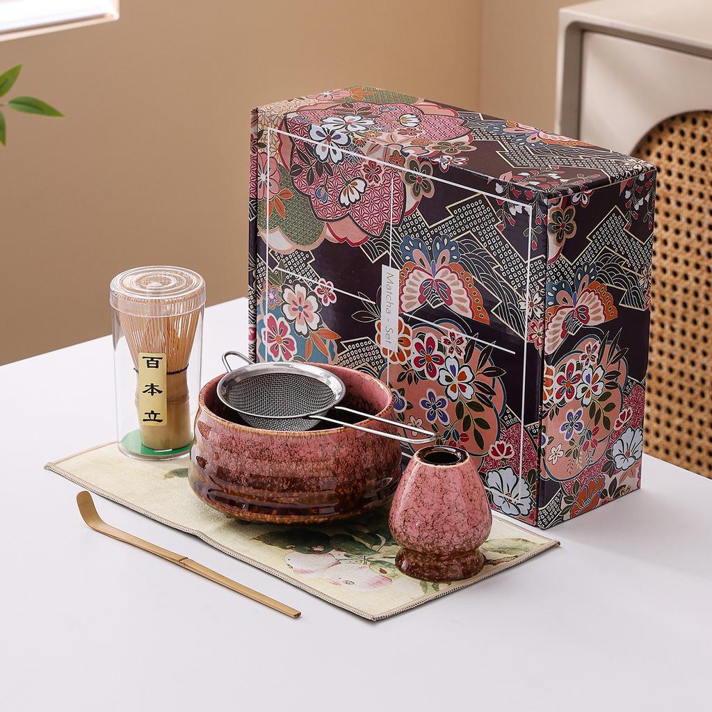 Japanese Matcha Tea Set Ceramic Chawan Bowl Whisk Holder Scoop Spoon Sieve Gift Traditional Tea Ceremony Kit for Home Restaurant