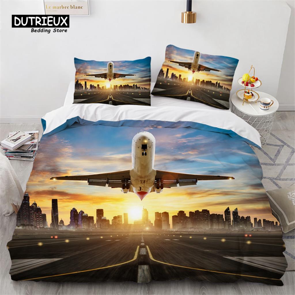 Pojkar Flygplan Påslakan King Queen Polyester Flyg Flygplan Landningsbana Sängklädesset Himmel Sceneri Överkastskydd Med Örngott