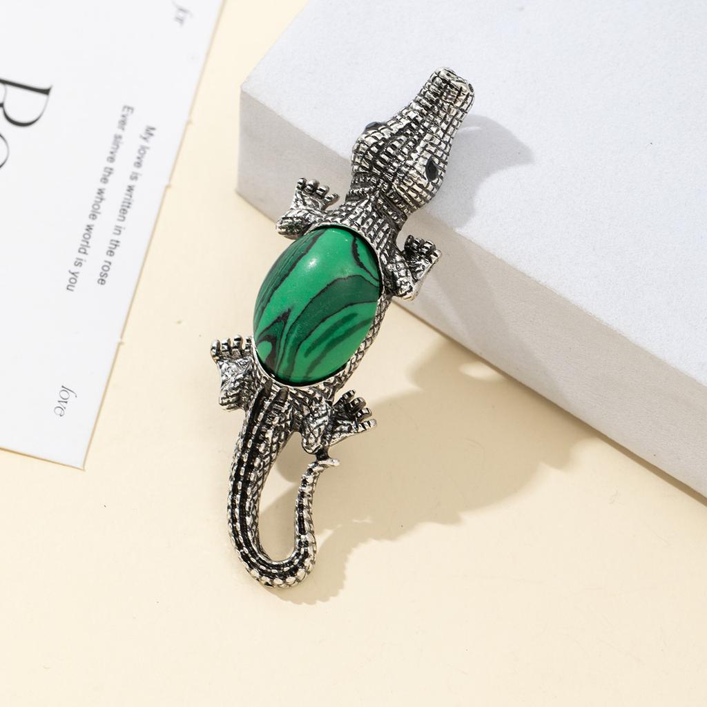 Natural Stone Shell Brooch Crocodile-Shaped Brooch For Elegant Formal Coat Jewelry Accessory 68x22mm