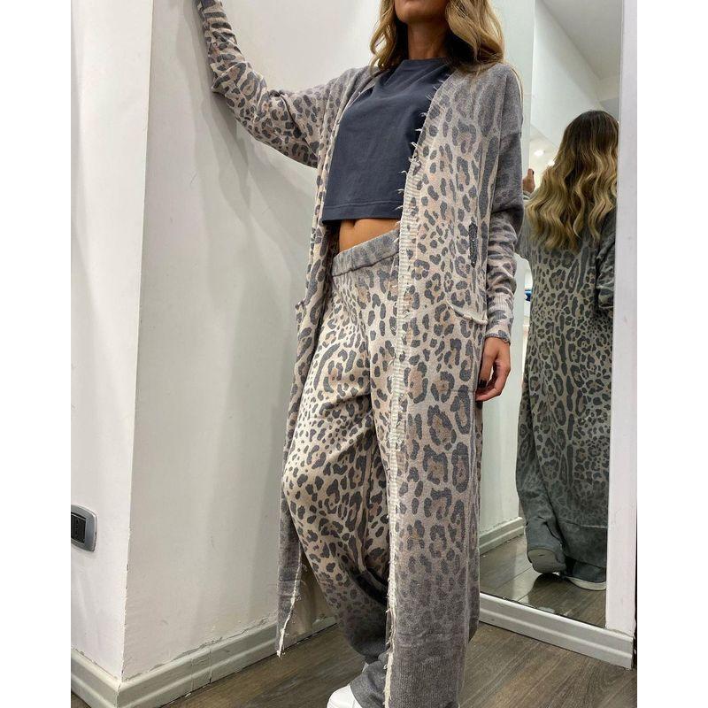 

European and American Leopard Print Print Long sleeve Cardigan Outerwear Trousers Two-piece Set Two-Piece Jacket Pants Set Flower color XXL