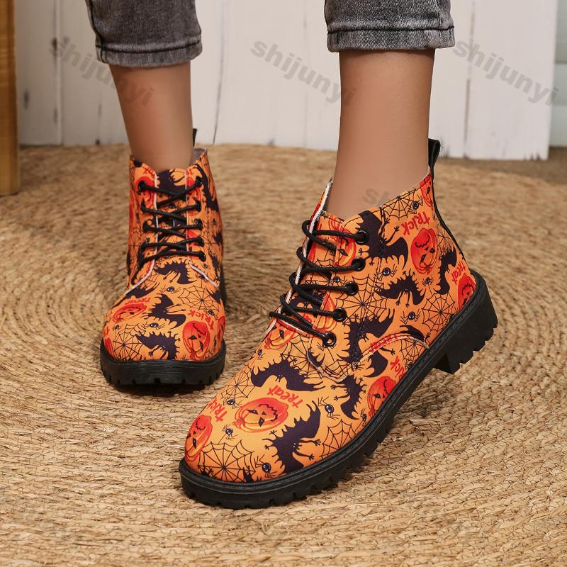 Mode Damen Schnürstiefel Kurz Leder 2025 Neue Mode Plateau Schuhe Trend Punk Leder Mode Weihnachten Print Stiefel Übergröße 42