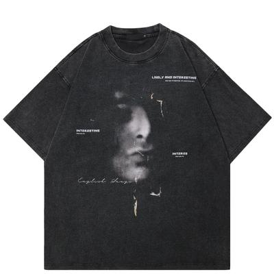 2024 Streetwear Both Sides Dim Face Graphic Unisex T-Shirt Cotton Washed Black Tshirt Unisex Tops Tees Summer Short Sleeves T Shirt