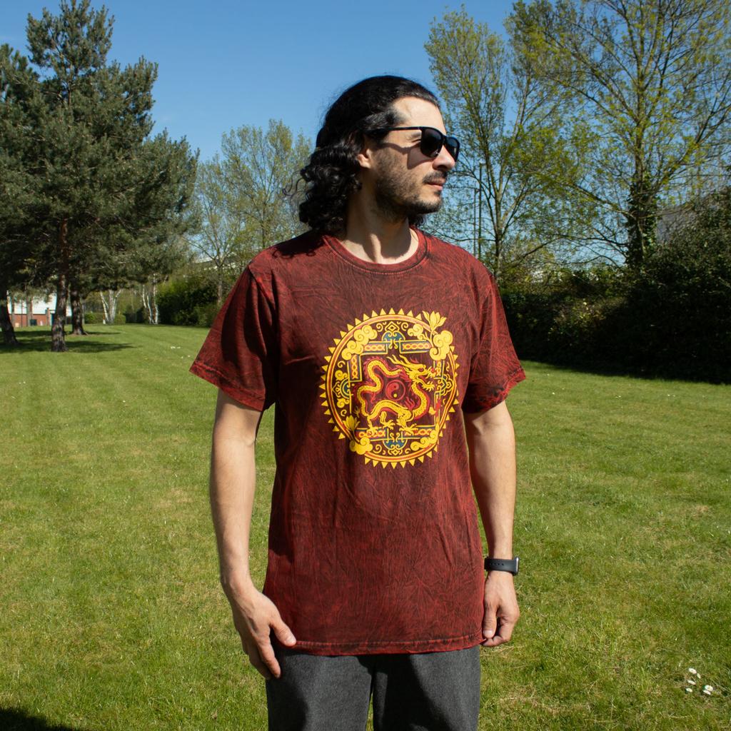 Nomad Sari Stonewashed Cotton T-Shirt - Dragon Mandala - Maroon - Small
